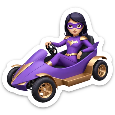 Hot full size real-appearance racing action BatGirl’s Lego feminine midnight-purple tight outfit sixty’s tv show 1992 stealthy retro sporty petite off-road pursuit hovering hover cruiser car rose gold accents (black hair,reclined and relaxed seating position) go kart sticker