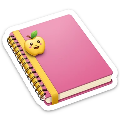 libreta de anillos rosada en perspectiva isometrica con sticker de carita feliz amarilla, sin rubor rosa, con aspecto de emoji de apple sticker