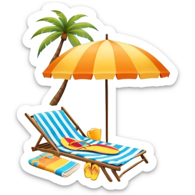 Icon for Beach Tourism: with the blue ocean, orange sunset, yellow sand beach and palm trees in the background, a sun umbrella, flip-flops, and a beach towel on the sand. The icon should represent relaxation and fun at the beach. Transparent background sticker