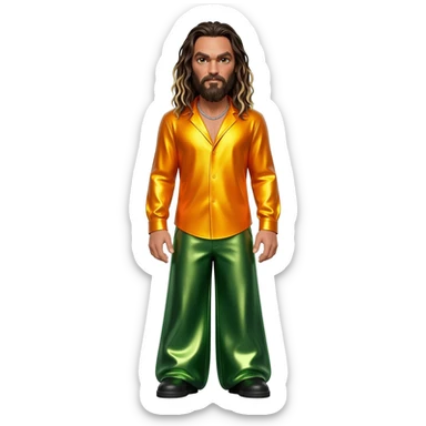 Jason Momoa with hazel eyes, dark brown long hair with blonde highlights, yellow orange metallic shirt, green metallic baggy pants, silver necklace sticker
