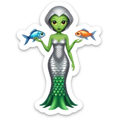 Green Alien woman with fish scales in silver dress, full figure, yellow eyes sticker