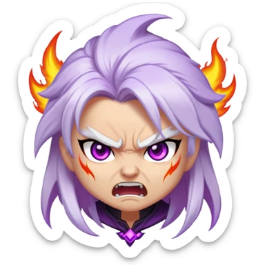 Chibi Sable Ward with rage expression, furious face, glowing purple eyes, white hair with purple streaks, flaming effect around her, angry expression sticker