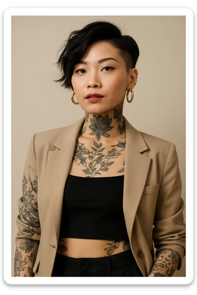 upper body portrait of an asian woman with visible tattoos, stylish and confident sticker