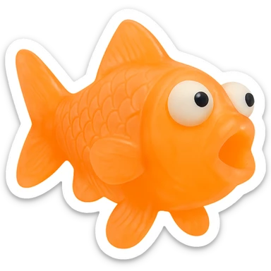 Remove any background completely so the clownfish is isolated with full transparency. Keep the clownfish turned away slightly more from the camera, make the body very transparent and see-through, no shadow on the ground, bright orange, semi-transparent plastic, retro 90's toy style, derpy eyes, soft plastic, soft reflections, soft and squishy, some cloudiness, not shiny, highly detailed, appealing. Render in a style that evokes a retro 90's soft plastic toy with semi-transparent, squishy, and cloudy appearance, bright orange color, and derpy eyes. sticker