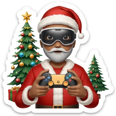 Homme photographe noir, week-end détente, équipé d’un appareil photo pro. Dans un décor Noël chaleureux, Père Noël à côté, sapin illuminé, lumières douces. L’homme porte un casque VR autour du cou ou sur la tête, et une manette PS 2025 dans la main libre. Ambiance festive, réaliste, couleurs nettes sticker