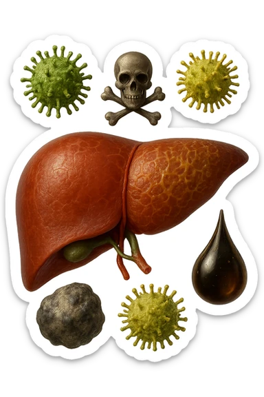 fegato umano anatomico con tossine che gli fluttuano intorno, iperrealistico 4k sticker