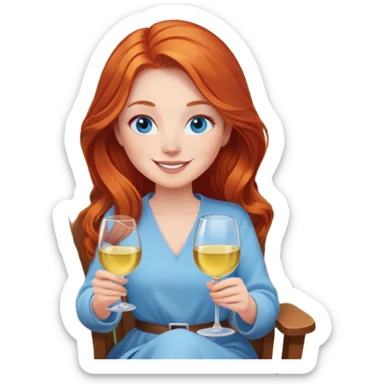 Happy redhead with long hair and blue eyes holding white wine sitting in chair fire pit sticker