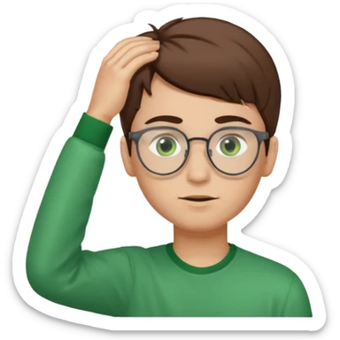 Boy with brown hair green eyes light skin think eye brows and glasses fixing his hair  sticker