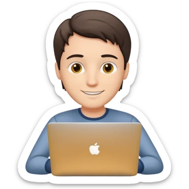 A white brunette man in his mid 20s, middle parted short hair, average dude with slightly droopy eyes, happy, using a silver laptop (no logo) sticker