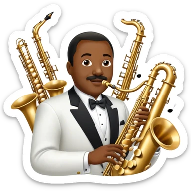 Icon for Jazz Music: Count Basie Orchestra, with Count Basie at the piano surrounded by jazz musicians playing instruments like saxophones, trumpets, and drums. Floating musical notes should capture the energetic and smooth vibe of big band jazz. Transparent background. sticker