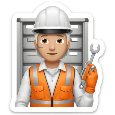 Guy with white head protection with ear noise canceller and orange vest With spanner. On his side carrying side panels for the white server racks sticker