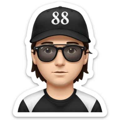 “Emoji of a white man with dark brown hair under a black baseball cap, wearing a black t‑shirt and 1980s‑style black Ray‑Ban rectangle sunglasses, with black musical notes floating around his head,  sticker