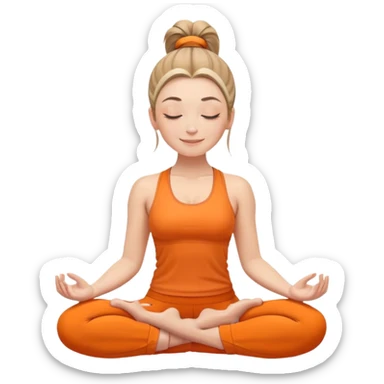white woman with ponytail hairstyle, sitting in lotus position, eyes closed with a subtle happy smile, wearing orange yoga outfit sticker