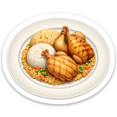 a white plate with a serving of rice and chicken, simple and colorful, arranged like a real dish sticker