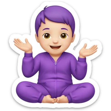 Apple-style emoji of a baby wearing a purple onesie, sitting and laughing joyfully, with hands down. sticker