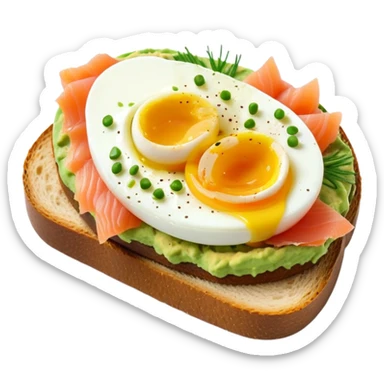 mashed avocado on sourdough toast with soft boiled egg and smoked salmon sticker