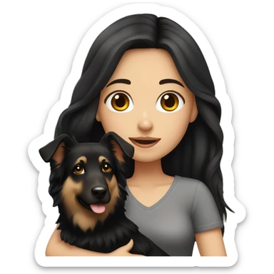 A white girl with long black hair holding a German Shepherd sticker