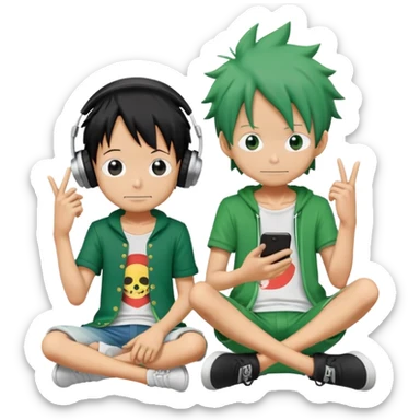 Green Luffy and green Alastor listening to music together sticker