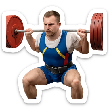 European powerlifter in competition, starting squat pose, determined look, competition clothing, realistic atmosphere, isolated on white background sticker
