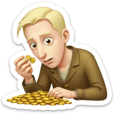 A hunched man with a greedy expression and a long nose counting his coins sticker