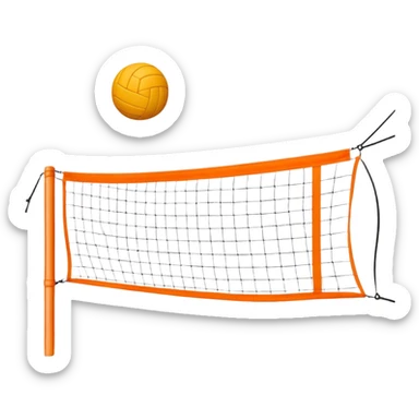 A close-up volleyball net with a ball hovering above it, set against the backdrop of a sandy volleyball court. The scene highlights the tension of an impending play, with the court lines clearly visible and a bright, sunny atmosphere surrounding the action. sticker