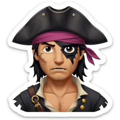 A battle-worn pirate with tangled black hair, a torn eye patch, and a deep scar running down his cheek sticker