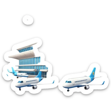 A 3D cartoon airport terminal building with glass windows and airplanes nearby, clean lighting, Memoji-style rendering. sticker