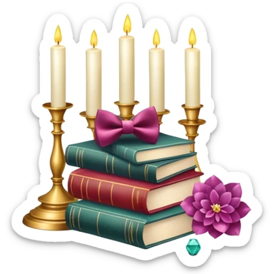 Aesthetic candles, flower petals, bow tie, books, marble stand, gemstones sticker