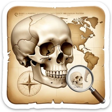 An icon featuring a human skull and fossils, representing anthropology. The design includes a magnifying glass and a map of ancient human migration paths, symbolizing the study of human evolution and cultures. Transparent background highlights the scientific exploration of humanity’s past. sticker