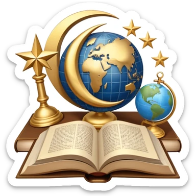 An icon featuring a sacred book, a cross, a crescent moon, and a star, symbolizing the study of religions. The design includes diverse religious symbols and a globe, representing global beliefs and spiritual practices. Transparent background highlights the exploration of faiths and traditions. sticker