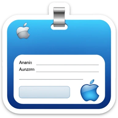 business ID card with rounded corners, blue-silver gradient background, placeholder lines for text, generic photo silhouette on left, Apple emoji style, transparent background sticker