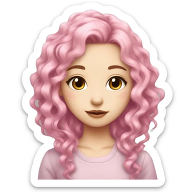 girl with pink hair, long curly hair, cat cars, pale skin, long lashes, eyeliner, asian, cute sticker