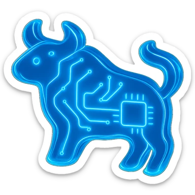 Make the minimalist bull icon much more abstract with electric blue digital circuit lines, in glossy circuit style. sticker