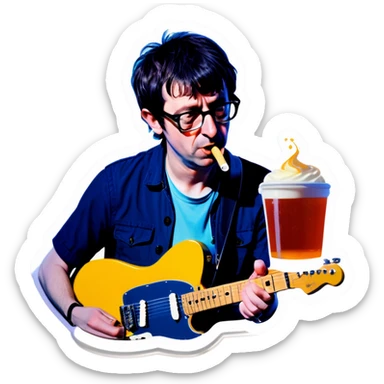 Blur guitarist Graham Coxon is playing the butterscotch telecaster and drinking a cup of soju. sticker