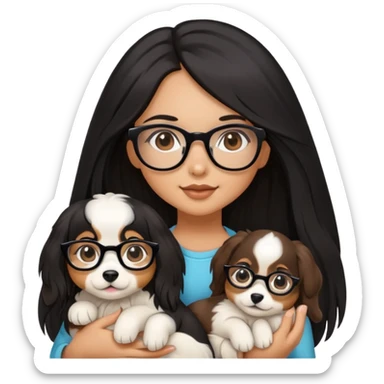 A beautiful girl with long black hair and glasses is holding a long-haired white and brown puppy sticker