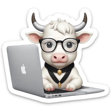 baby white bull in fancy glasses sitting in front of a macbook, working  sticker