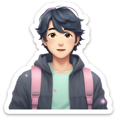 Gorgeous bright sparkly romantic Asian anime pastel guy with blushing face aesthetic trending style outside sticker
