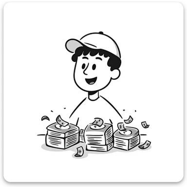 white man with a white cap playing with money, hand drawn doodle style sticker