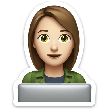 Web designer carrying a pc in her hands. white woman with medium-length brown hair, green eyes and freckles on her nose. sticker
