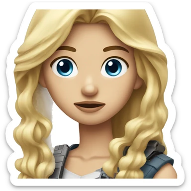 Long Blonde hair blue eyes girl holding gun up while squinting sticker