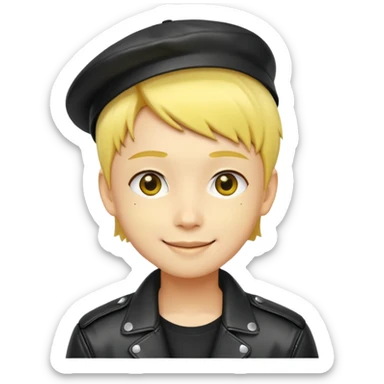 nam 20 tuổi, da vàng, tóc ngắn màu vàng, đội mũ màu đen, mặt cười tươi, khoác áo da màu đen bóng sticker