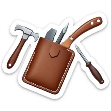 Leatherworking icon, piece of raw leather being crafted into a leather wallet or belt, professional tools like leather stitching awl, edge beveler, hammer, prying tool, minimalistic style, clean lines, transparent background. sticker