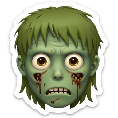 zombie slim youthful face, messy brown fringe, muted green skin tone, tired heavy-lidded eyes with visible under-eye darkness, a neutral slightly bored expression, and an overall low-energy, sleep-deprived, mentally fried vibe, sticker