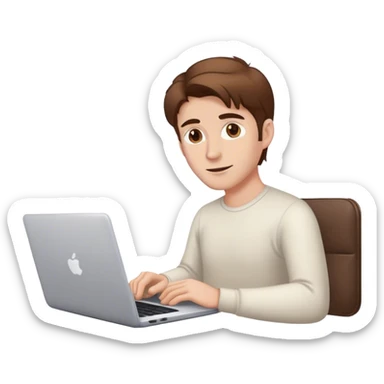 a white man with brown hair with a laptop and a cup of coffee sticker