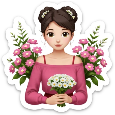 a girl  sitting  near various bouquets of flowers , white and pink flowers . She is holding a single white flower up to her face, Her hairstyle is slightly messy updo, with a few soft strands falling around her face, . She wears a red off-shoulder cardigan and a white long skirt. sticker