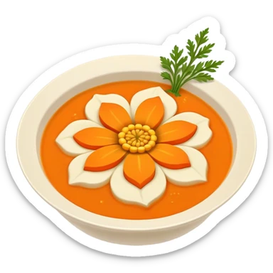Soup with carrots in shape of orange flowers sticker