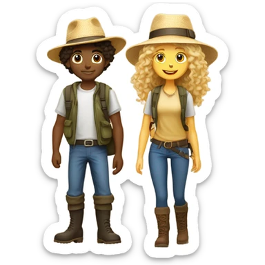 A short blonde long-haired girl in a hat and a curly-haired boy in a hat and boots hike in the Canary Islands sticker