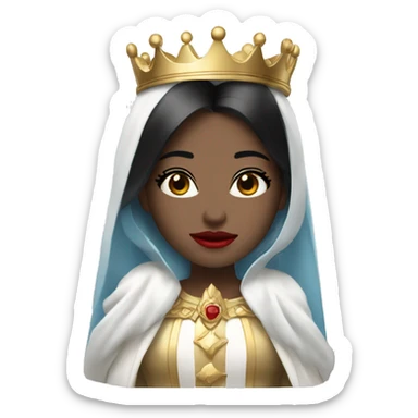 Queen with pale skin, icy blue eyes, bright red lips, long black hair, gold crown, and white robes. sticker