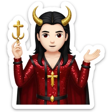 Lucifer from The Bible with long black hair, dark red sequin outfit sticker