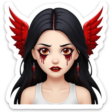White woman with a white tank top long black hair glossy middle part long hair vamp look with fangs or blood dripping brown eyes eyeliner winged with lashes top and bottom sticker